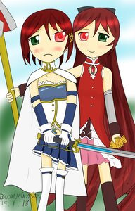 Rating: Safe Score: 0 Tags: 2girls blush cape crossdressing green_eyes heterochromia image long_hair magical_girl miki_sayaka multiple_girls pair polearm red_eyes red_hair sakura_kyouko short_hair souseiseki spear suiseiseki sword thighhighs weapon white_legwear zettai_ryouiki User: admin