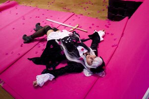 Rating: Safe Score: 0 Tags: 1girl boots frills long_hair long_sleeves pink_background solo suigintou thighhighs weapon white_hair User: admin
