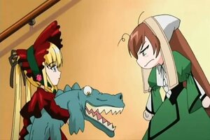Rating: Safe Score: 0 Tags: 2girls blonde_hair blue_eyes bonnet brown_hair dress green_dress green_eyes head_scarf image long_hair long_sleeves looking_at_another multiple_girls pair shinku suigintou suiseiseki teeth twintails User: admin