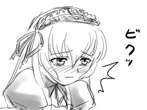Rating: Safe Score: 0 Tags: 1girl blush eyebrows_visible_through_hair greyscale hairband image long_hair monochrome ribbon simple_background solo suigintou tears upper_body white_background User: admin