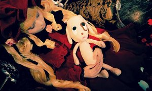 Rating: Safe Score: 0 Tags: 1girl blonde_hair blue_eyes bow doll dress flower long_hair long_sleeves red_dress rose shinku solo stuffed_animal User: admin