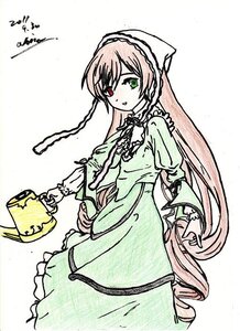 Rating: Safe Score: 0 Tags: 1girl artist_name brown_hair bucket dress frills green_dress green_eyes hat head_scarf heterochromia image long_hair long_sleeves looking_at_viewer red_eyes simple_background smile solo suiseiseki very_long_hair watering_can white_background User: admin