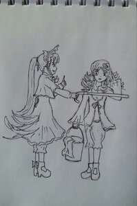 Rating: Safe Score: 0 Tags: 2girls detached_sleeves frog_hair_ornament gohei greyscale hair_ornament hair_tubes hat image kanaria kochiya_sanae long_hair long_sleeves monochrome multiple_girls pair shinku short_hair traditional_media wide_sleeves User: admin