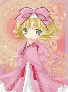 Rating: Safe Score: 0 Tags: 1girl blonde_hair blush bow dress frills green_eyes hand_to_own_mouth hina_ichigo hinaichigo image long_sleeves looking_at_viewer pink_bow pink_dress short_hair smile solo sparkle User: admin