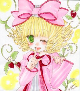 Rating: Safe Score: 0 Tags: 1girl apple artist_name blonde_hair blush bow finger_to_mouth flower food fruit green_eyes hair_bow hina_ichigo hinaichigo image long_sleeves object_namesake one_eye_closed pink_bow short_hair solo strawberry traditional_media User: admin