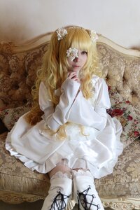 Rating: Safe Score: 0 Tags: 1girl blonde_hair boots cross-laced_footwear dress eyepatch flower hair_flower hair_ornament kirakishou long_hair rose sitting solo white_dress white_flower User: admin