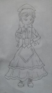 Rating: Safe Score: 0 Tags: 1girl bangs closed_mouth dress full_body greyscale hand_on_hip hat image long_hair long_sleeves looking_at_viewer monochrome photo shoes simple_background skirt smile solo standing suiseiseki traditional_media User: admin