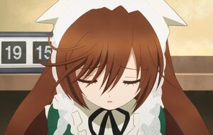 Rating: Safe Score: 0 Tags: 1girl apron black_ribbon brown_hair closed_eyes dress facing_viewer frills image long_hair long_sleeves ribbon sleeping sleeping_upright solo suiseiseki User: admin