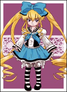 Rating: Safe Score: 0 Tags: 1girl black_border blonde_hair blue_eyes border bow dress drill_hair frills full_body hair_bow image long_hair long_sleeves pantyhose purple_eyes shinku shoes solo striped striped_legwear twintails very_long_hair User: admin