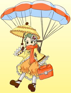 Rating: Safe Score: 0 Tags: 1girl bag bloomers flower frills green_eyes green_hair hair_ornament holding_umbrella image kanaria long_sleeves parasol red_umbrella scarf solo umbrella yellow_background User: admin
