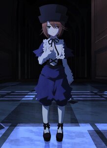 Rating: Safe Score: 0 Tags: 1girl brown_hair capelet full_body hat heterochromia image red_eyes ribbon short_hair shorts solo souseiseki standing white_legwear User: admin