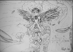 Rating: Safe Score: 0 Tags: 1girl barefoot cloud feathered_wings feathers greyscale hairband image monochrome outdoors short_hair solo standing suigintou traditional_media wings User: admin