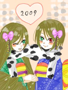 Rating: Safe Score: 0 Tags: 2girls animal_print blush bow green_eyes green_hair hair_bow heterochromia image japanese_clothes kimono long_hair multiple_girls new_year pair red_eyes smile souseiseki suiseiseki twins User: admin