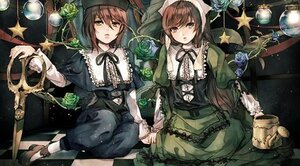 Rating: Safe Score: 0 Tags: 2girls brown_hair checkered checkered_floor dress flower frills green_dress green_eyes hat head_scarf heterochromia image long_hair long_sleeves multiple_girls pair ribbon rose short_hair siblings sisters sitting souseiseki star_(symbol) suiseiseki twins watering_can User: admin