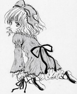 Rating: Safe Score: 0 Tags: 1girl blush bow dress graphite_(medium) greyscale hair_bow hair_ribbon hinaichigo image kagiyama_hina kneeling long_sleeves looking_at_viewer looking_back monochrome puffy_sleeves ribbon shoes short_hair solo traditional_media underwear User: admin