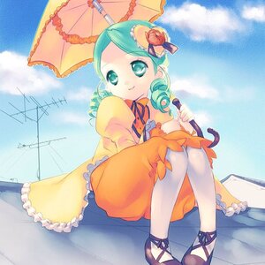 Rating: Safe Score: 0 Tags: 1girl auto_tagged cloud day dress drill_hair flower frills green_hair hair_ornament holding_umbrella image kanaria long_sleeves orange_dress parasol ribbon sitting sky smile solo twin_drills umbrella User: admin