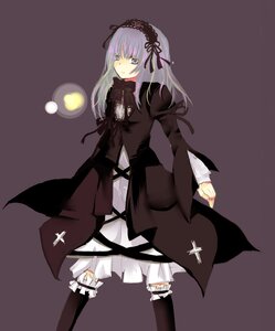 Rating: Safe Score: 0 Tags: 1girl black_legwear black_ribbon dress frills hairband image leg_garter long_hair long_sleeves looking_at_viewer ribbon silver_hair simple_background solo standing suigintou wings User: admin
