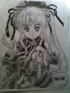 Rating: Safe Score: 0 Tags: 1girl dress greyscale hair_ribbon holding_stuffed_toy image long_hair long_sleeves monochrome ribbon shinku solo stuffed_animal stuffed_bunny traditional_media twintails very_long_hair User: admin