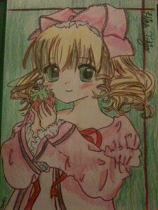 Rating: Safe Score: 0 Tags: 1girl blonde_hair bow dress food frills fruit green_background green_eyes hair_bow hina_ichigo hinaichigo holding holding_food holding_fruit image long_sleeves looking_at_viewer photo pink_bow puffy_sleeves smile solo traditional_media upper_body User: admin