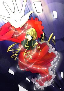 Rating: Safe Score: 0 Tags: 1girl bangs blonde_hair blue_eyes bonnet bow card dress drill_hair flower image long_hair long_sleeves looking_at_viewer red_dress shinku solo User: admin