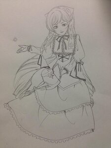 Rating: Safe Score: 0 Tags: 1girl capelet dress frills full_body greyscale image long_hair long_sleeves looking_at_viewer monochrome solo suiseiseki traditional_media twintails very_long_hair User: admin