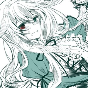 Rating: Safe Score: 0 Tags: 1girl blush dress frills green_theme image long_hair looking_at_viewer monochrome ribbon simple_background smile solo spot_color suiseiseki twintails white_background User: admin