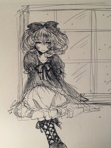 Rating: Safe Score: 0 Tags: 1girl bow cross-laced_footwear dress greyscale hair_bow hinaichigo image kagiyama_hina looking_at_viewer monochrome puffy_short_sleeves puffy_sleeves ribbon sitting sketch solo traditional_media User: admin