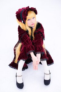 Rating: Safe Score: 0 Tags: 1girl bangs blonde_hair blue_eyes bonnet dress drill_hair flower frills full_body hands_together lips long_sleeves looking_at_viewer own_hands_together red_dress shinku solo User: admin