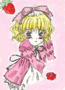 Rating: Safe Score: 0 Tags: 1girl apple blonde_hair flower food frills fruit hina_ichigo hinaichigo image long_sleeves pink_background pink_bow pink_theme red_flower red_rose rose short_hair solo strawberry User: admin