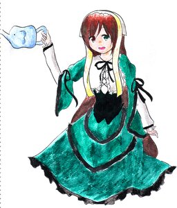 Rating: Safe Score: 0 Tags: 1girl brown_hair dress frills green_dress green_eyes heterochromia image long_hair long_sleeves open_mouth red_eyes ribbon simple_background solo suiseiseki tears very_long_hair white_background User: admin