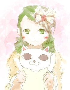 Rating: Safe Score: 0 Tags: 1girl blush cat green_eyes green_hair hair_ornament holding image kanaria pokemon_(creature) solo striped vertical_stripes User: admin