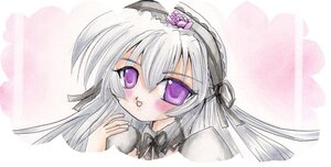 Rating: Safe Score: 0 Tags: 1girl black_ribbon blush dress flower hair_ribbon hairband image lolita_hairband long_hair looking_at_viewer purple_eyes ribbon rose silver_hair solo suigintou User: admin