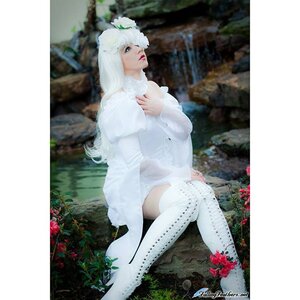 Rating: Safe Score: 0 Tags: 1girl artist_name blurry dress flower kirakishou lips long_hair sitting solo thighhighs white_dress white_hair white_legwear User: admin