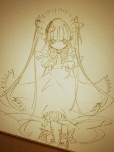 Rating: Safe Score: 0 Tags: 1girl dress frills image long_hair long_sleeves looking_at_viewer monochrome photo shinku sketch solo traditional_media very_long_hair User: admin