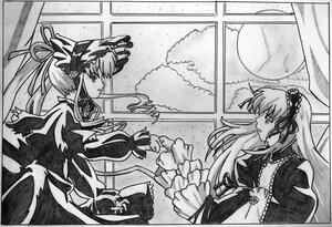 Rating: Safe Score: 0 Tags: 2girls dress greyscale hat image long_hair long_sleeves monochrome multiple_girls pair ribbon shinku suigintou traditional_media wide_sleeves User: admin