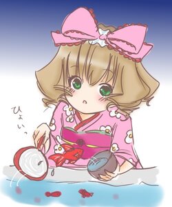 Rating: Safe Score: 0 Tags: 1girl blonde_hair blush bow food gradient gradient_background green_eyes hair_bow hina_ichigo hinaichigo image japanese_clothes kimono pink_bow pink_kimono short_hair solo User: admin