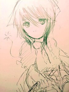 Rating: Safe Score: 0 Tags: 1girl bangs blush closed_mouth eyebrows_visible_through_hair green_eyes hair_between_eyes hariruri image long_sleeves looking_at_viewer monochrome pink_theme solo souseiseki traditional_media upper_body User: admin