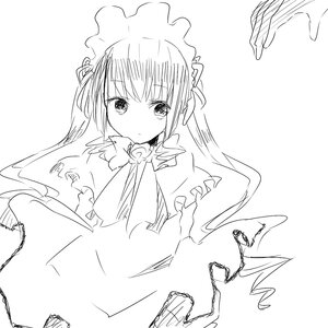 Rating: Safe Score: 0 Tags: 1girl bangs closed_mouth dress eyebrows_visible_through_hair frills greyscale image long_hair looking_at_viewer monochrome panties_removed shinku solo striped striped_panties underwear User: admin