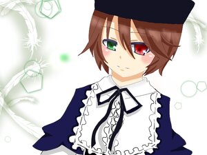 Rating: Safe Score: 0 Tags: 1girl black_ribbon blush brown_hair dress frills green_eyes hat heterochromia image long_sleeves looking_at_viewer red_eyes ribbon short_hair smile solo souseiseki suiseiseki upper_body white_background User: admin