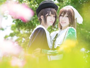 Rating: Safe Score: 0 Tags: 2girls blurry brown_hair depth_of_field dress green_eyes hat head_scarf lips long_sleeves looking_at_viewer multiple_cosplay multiple_girls outdoors siblings sisters smile souseiseki suiseiseki tagme twins User: admin