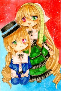 Rating: Safe Score: 0 Tags: 2girls blonde_hair bow dress drill_hair frills green_eyes hat heterochromia image long_hair long_sleeves multiple_girls open_mouth pair red_eyes siblings sisters smile souseiseki suiseiseki traditional_media twins very_long_hair watercolor_(medium) User: admin