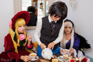 Rating: Safe Score: 0 Tags: 91076 black_hair blonde_hair bonnet closed_eyes cup dress flower food hime_cut long_hair multiple_boys multiple_cosplay multiple_girls realistic shinku silver_hair sitting table tagme tea teacup User: admin