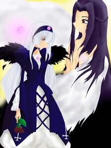 Rating: Safe Score: 0 Tags: 2girls black_wings dress feathers flower image kakizaki_megu long_hair long_sleeves multiple_girls purple_eyes rose silver_hair solo suigintou wings User: admin