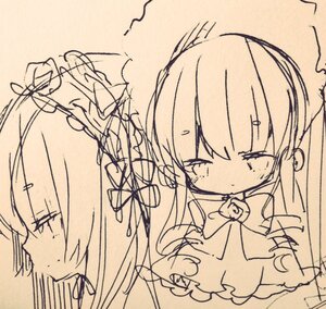 Rating: Safe Score: 0 Tags: 1girl bangs blush closed_mouth eyebrows_visible_through_hair flower hair_flower hair_ornament hair_ribbon holding image long_hair monochrome pair profile ribbon shinku simple_background suigintou sweat traditional_media User: admin