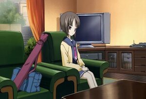 Rating: Safe Score: 0 Tags: 1girl bag bangs brown_eyes brown_hair chair curtains human image indoors kashiwaba_tomoe long_sleeves school_bag school_uniform screenshot serafuku short_hair sitting solo window User: admin