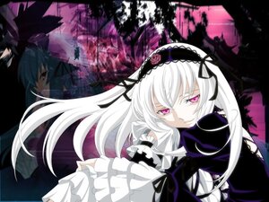 Rating: Safe Score: 0 Tags: 2girls black_wings dress flower frills hairband image long_hair long_sleeves looking_at_viewer multiple_girls pink_eyes rose silver_hair smile solo suigintou wings User: admin