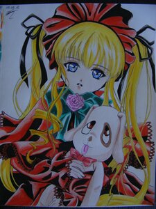 Rating: Safe Score: 0 Tags: 1girl blonde_hair blue_eyes bow flower hair_ribbon image long_hair looking_at_viewer marker_(medium) pink_rose ribbon rose shikishi shinku solo stuffed_animal traditional_media twintails User: admin