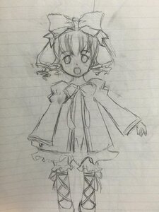 Rating: Safe Score: 0 Tags: 1girl :d blush bow dress drill_hair full_body hinaichigo image long_sleeves looking_at_viewer monochrome open_mouth sketch smile solo standing traditional_media wide_sleeves User: admin