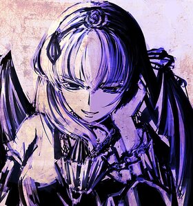 Rating: Safe Score: 0 Tags: 1girl commentary_request flower hair_flower hair_ornament hairband hand_on_own_face image long_hair mark_(heaven) monochrome purple_theme rose rozen_maiden smile solo suigintou wings User: admin