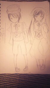 Rating: Safe Score: 0 Tags: 2girls blush capelet dress hat image long_hair long_sleeves monochrome multiple_girls neck_ribbon pair ribbon short_hair smile souseiseki standing suiseiseki traditional_media User: admin